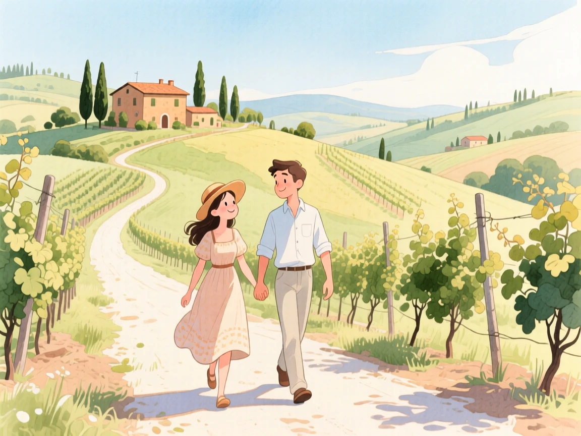 A young couple wanders hand in hand amid a rustic vineyard road through the hills of Tuscany, capturing the wonder of discovering a new place.