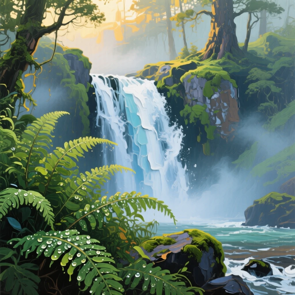 a waterfall hidden behind ferns, in early morning mist, with a clear foreground, subject, and distant setting.