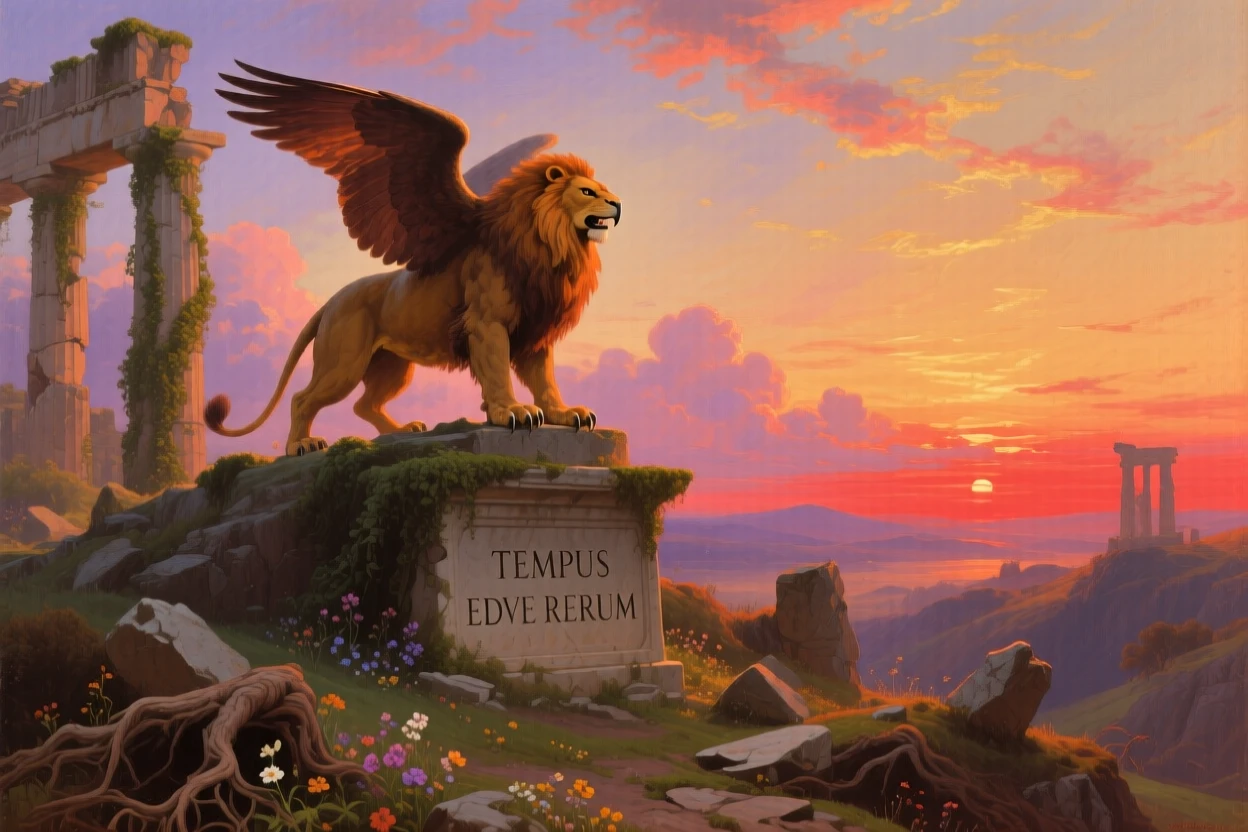 A griffin perches atop an ancient temple ruin at sunset.