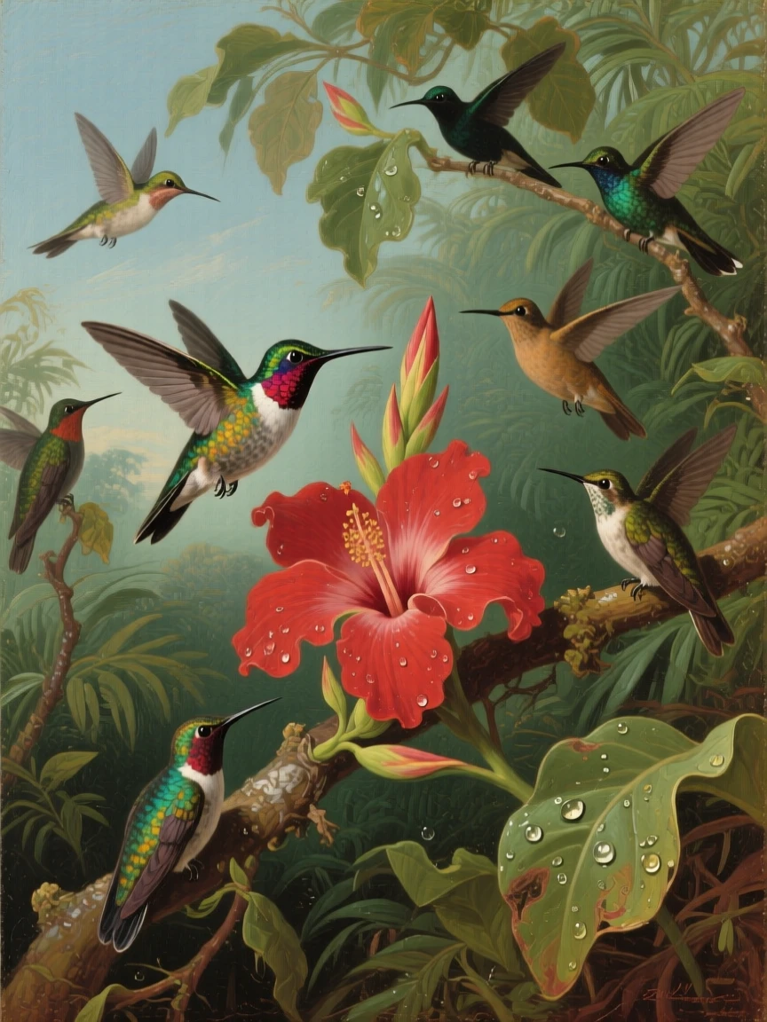 A hummingbird hovering beside a bright red tropical flower, as the rest of its family group remains close by, celebrating the raw beauty and dignity of the animal kingdom