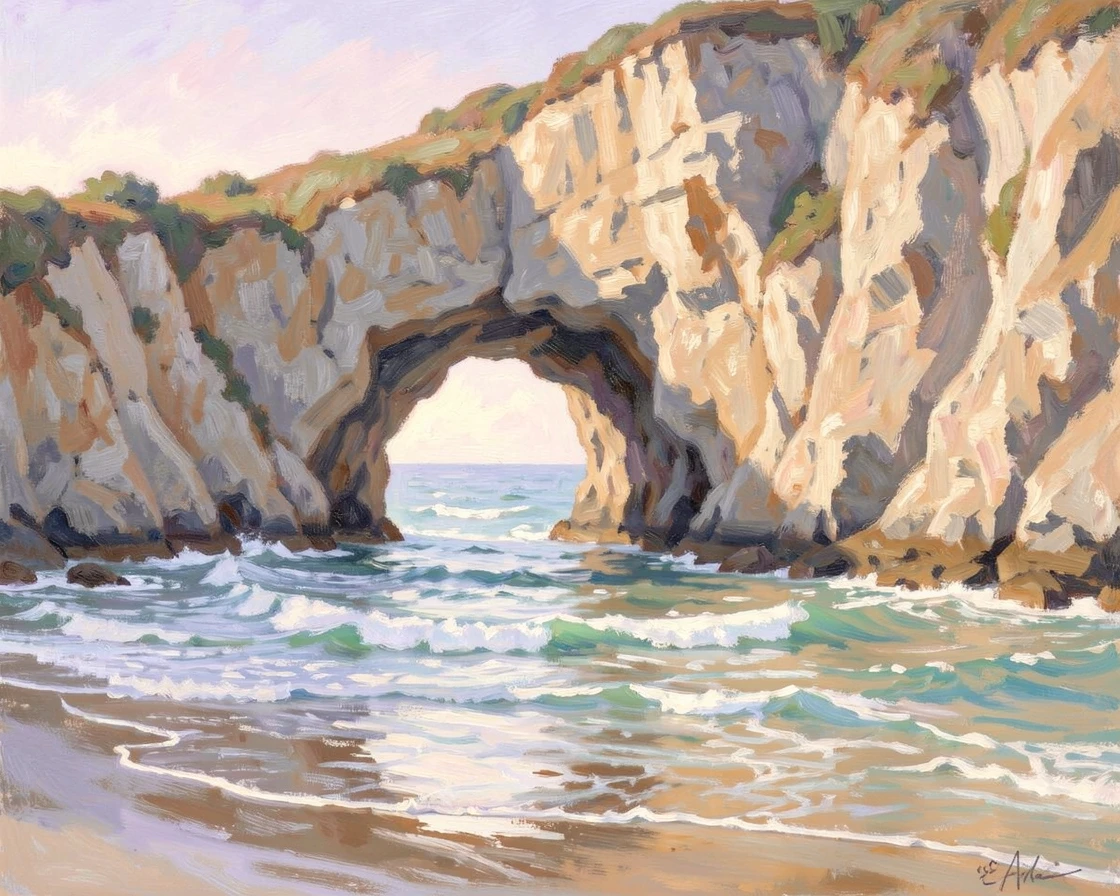 A dramatic sea arch carved into a cliffside, waves rolling gently through the opening at low tide.