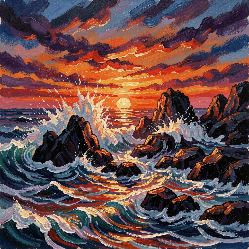A dramatic coastal sunset with waves crashing against jagged black rocks.