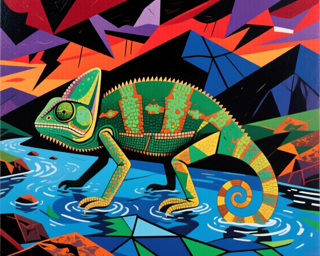 A striking view of a chameleon wading through a shallow mountain stream beneath a dramatic sky.