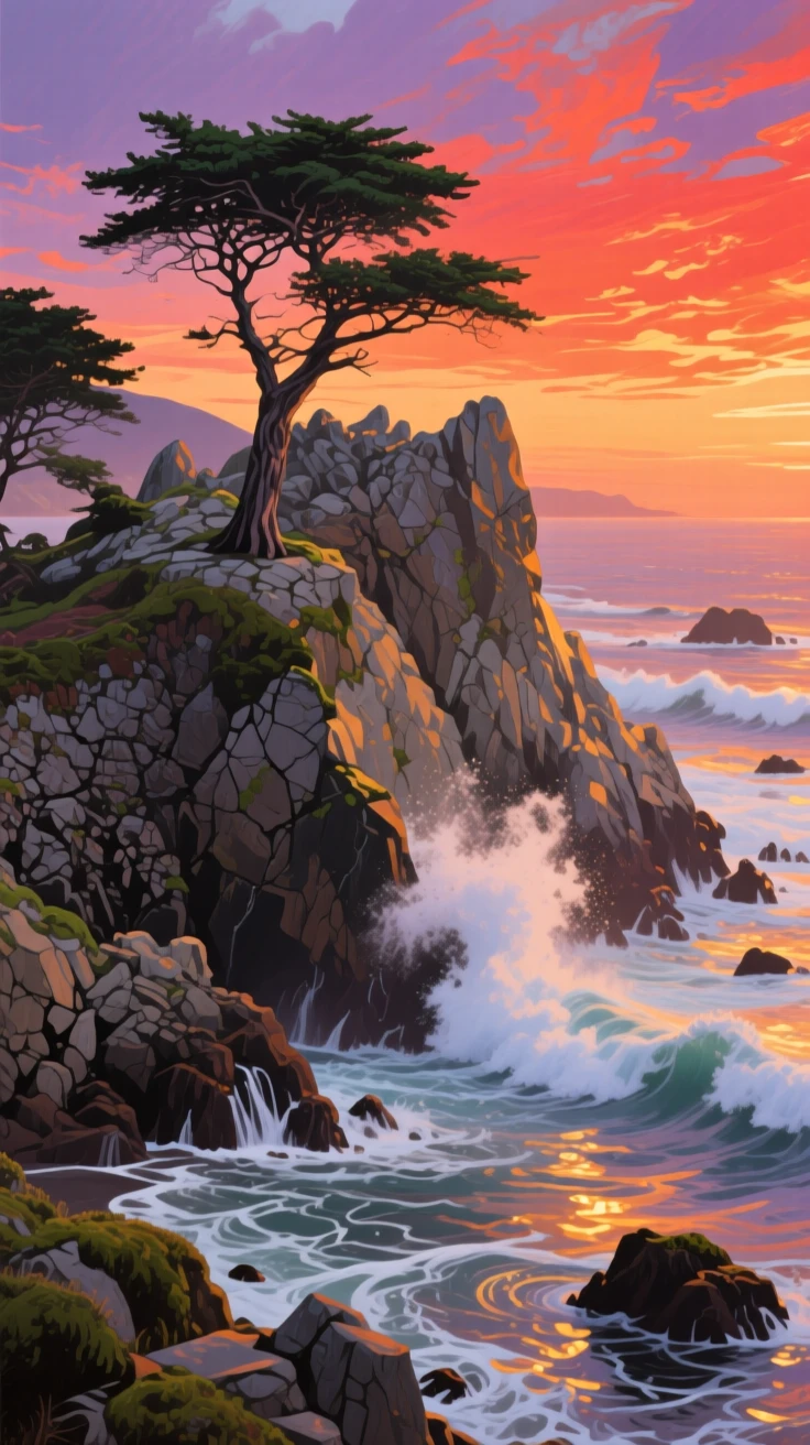 A dramatic rocky coastline in Big Sur shows waves crashing against jagged sea stacks at sunset, a lone cypress tree clinging to the cliff edge above, small ripples or movement in the foreground giving the otherwise still setting a sense of quiet life.