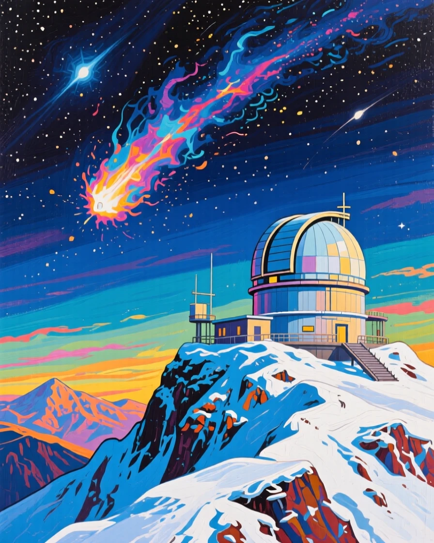 A comet streaking through the night sky above a snow-covered mountain observatory