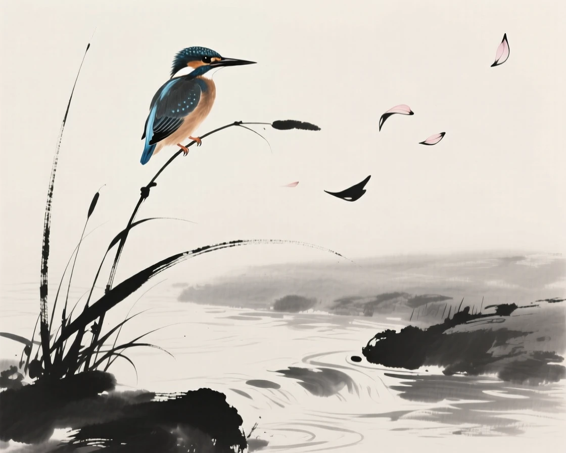 A kingfisher watches from a reed stalk above a stream, as petals drift down around it.