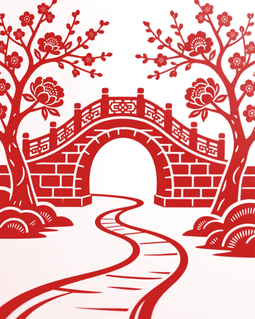 A stone bridge, framed by blossoming trees in full spring bloom, a winding path leading visitors toward its door.