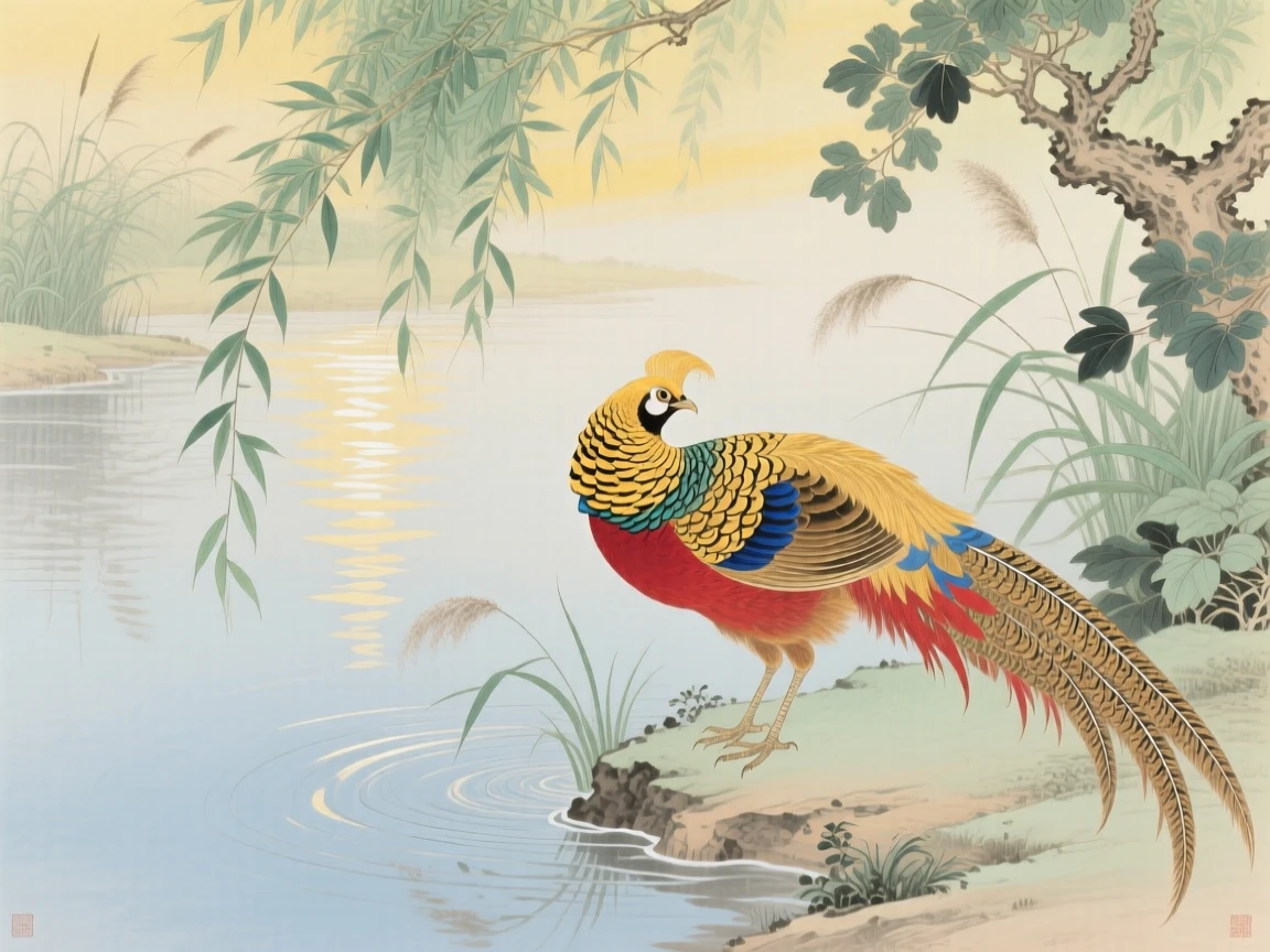 A golden pheasant preening its feathers beside a quiet pond, soft morning light filtering through the branches