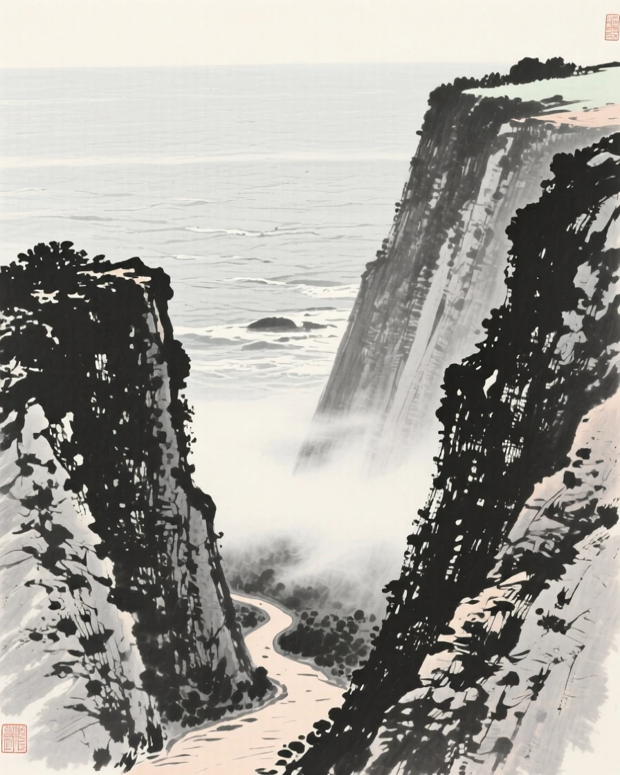 A high cliff overlook facing an endless expanse of ocean as thin mist rolls slowly through the lower valley, captured from a narrow path winding into the depth of the scene, evoking a deep sense of solitude and quiet grandeur.