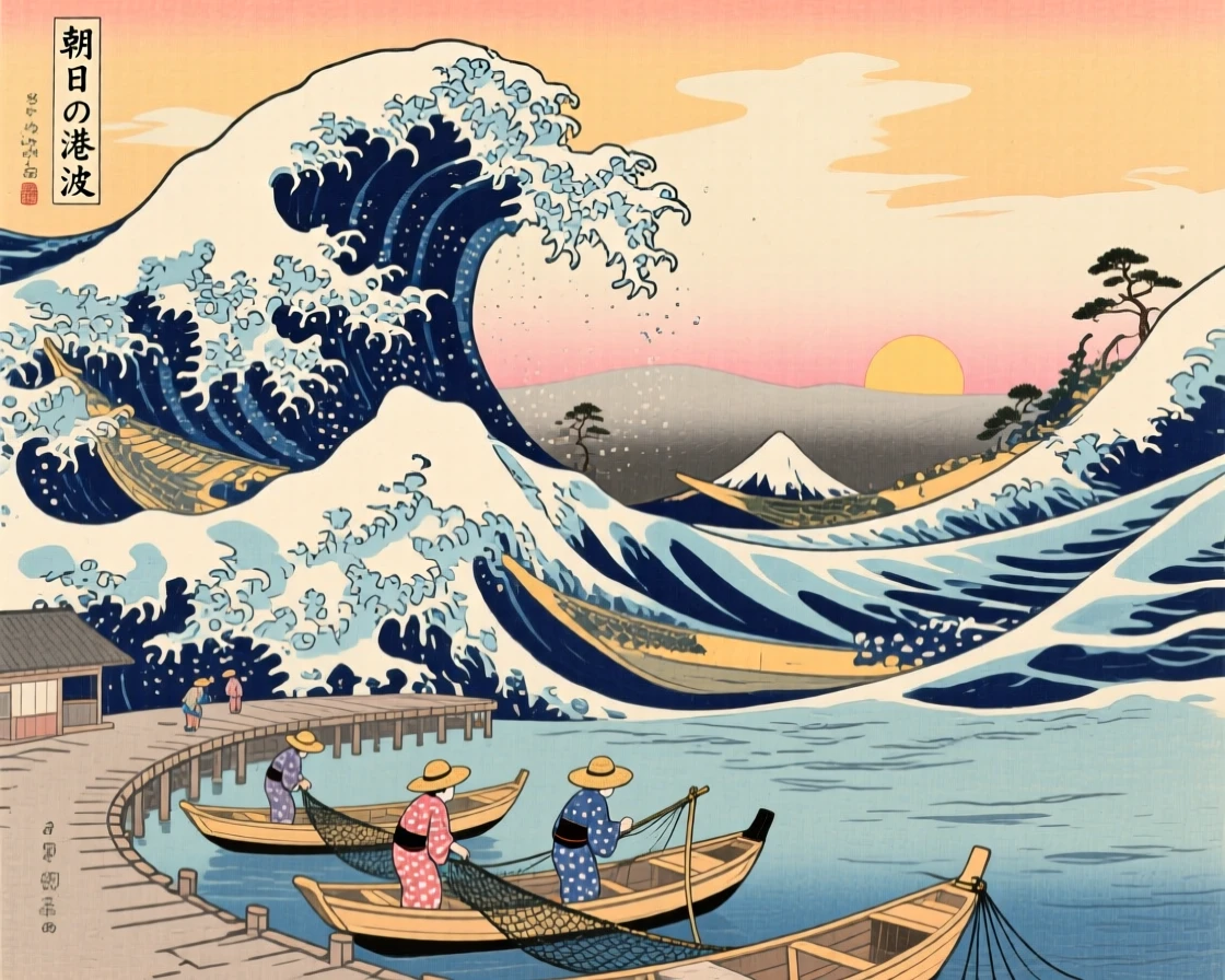 A curved fishing harbor beneath towering ocean waves, at sunrise.