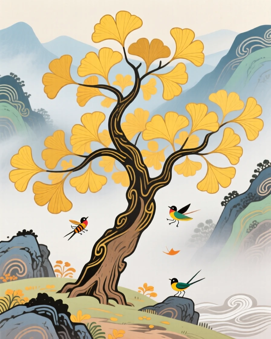 A ginkgo tree with golden autumn leaves in a misty valley.
