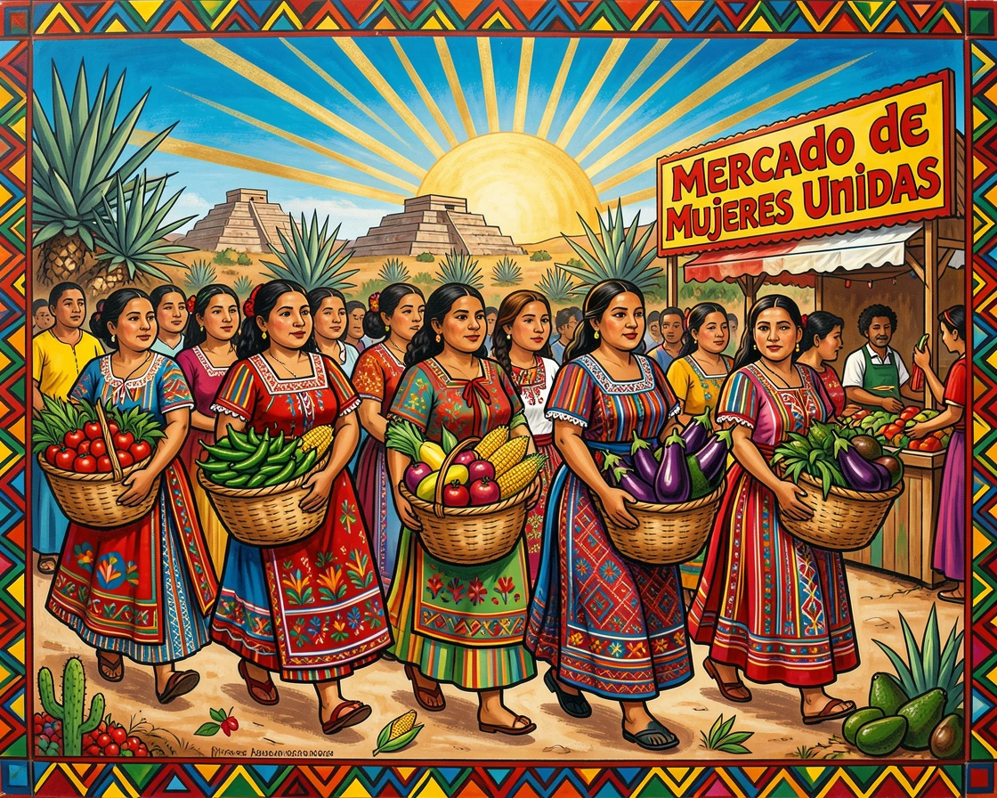 A group of women carrying baskets of fresh produce to market
