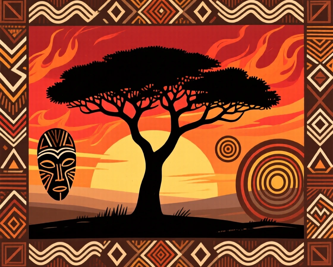 A fiery sunset behind a silhouetted acacia tree.
