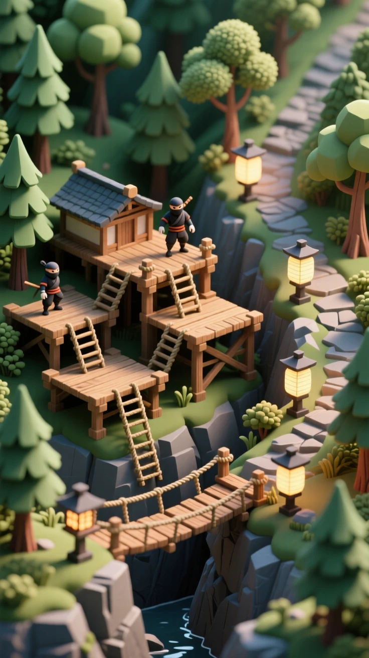 A hidden ninja village built into a forested valley, with wooden training platforms, rope bridges crossing a gorge, and lanterns marking a winding mountain path.