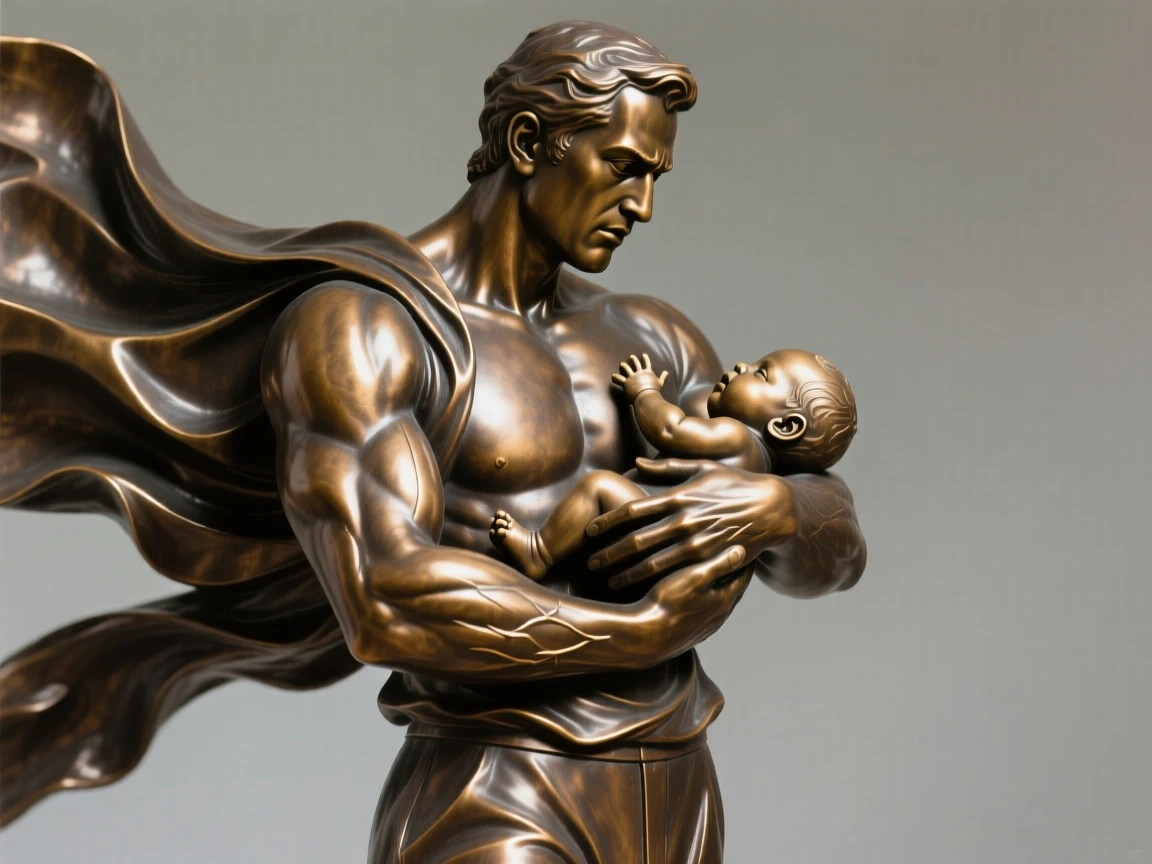 A father holding his newborn for the first time, captured at the peak of a powerful movement, forming a strong central focal point