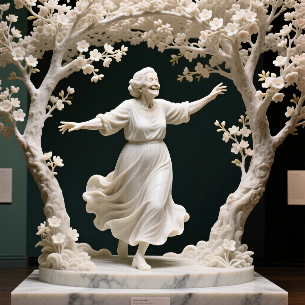 A tender portrait of a proud grandmother, twirling with arms outstretched, under a canopy of blossoming trees, evoking warmth and humanity