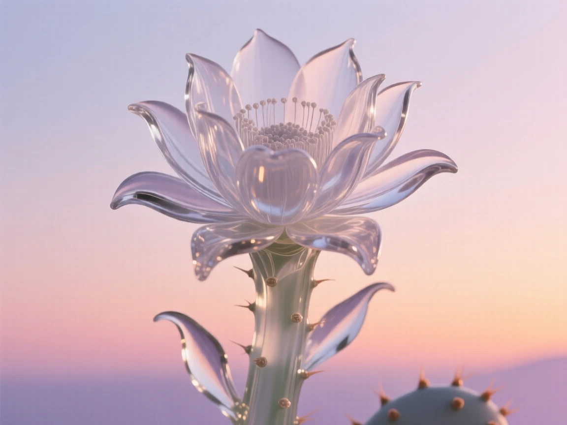 A cactus flower blooming at dawn swaying gently in a light breeze under a pastel sky at dusk, dreamy and peaceful atmosphere.