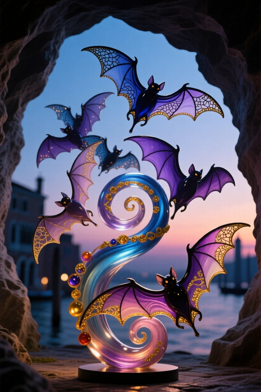 A colony of bats spiraling out from a cave at twilight, dramatic and mysterious.