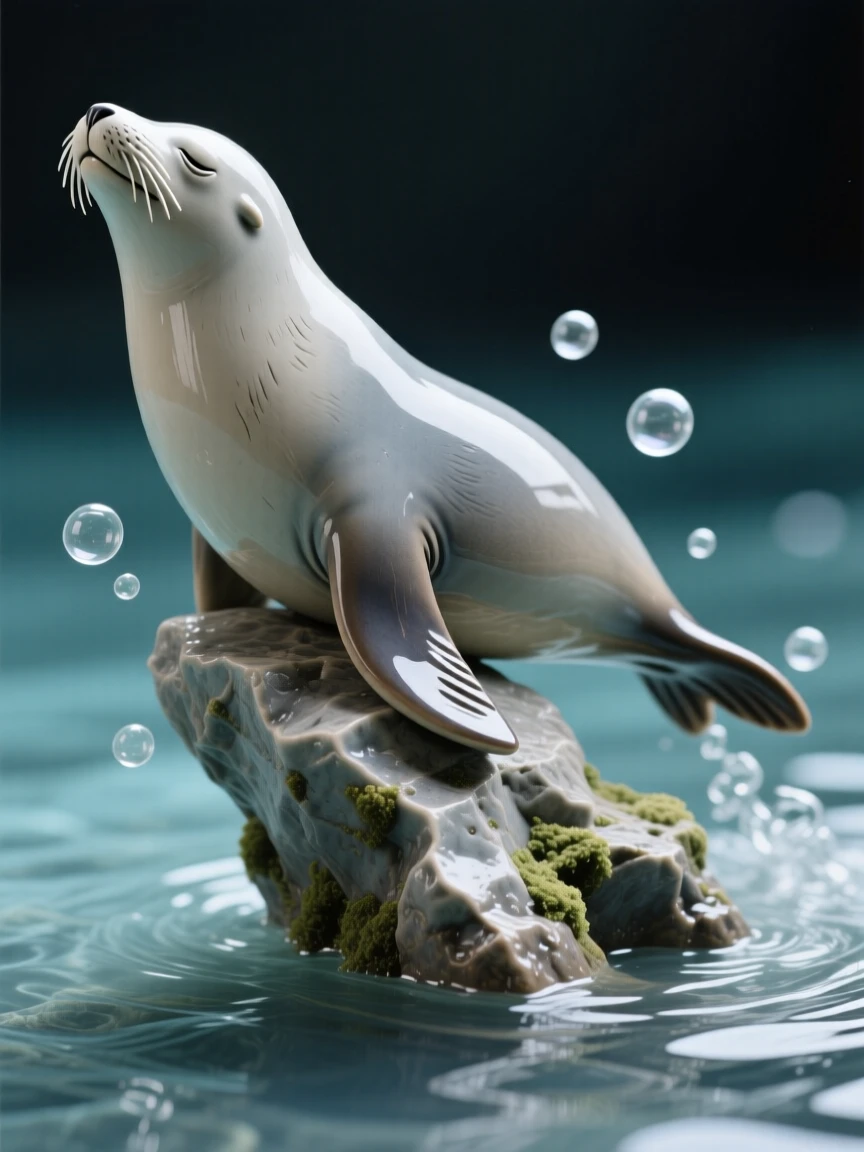 A sea lion balancing on a rock captured mid-glide through crystal waters, surrounded by drifting bubbles, conveying calm, fluid tranquility.