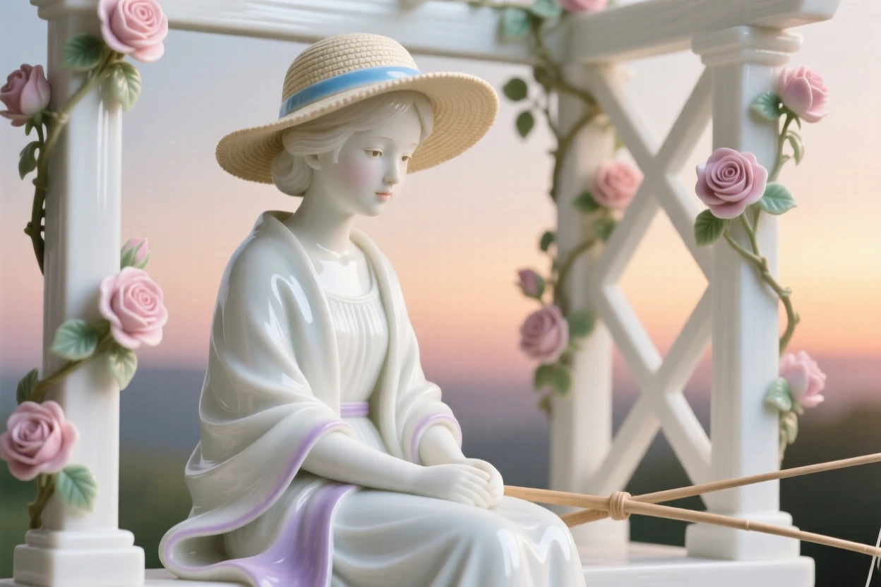 A fisherman's daughter seated in quiet contemplation, wearing a wide-brimmed sun hat and shawl, her posture calm and dignified, set against a rose-covered pergola at sunset.