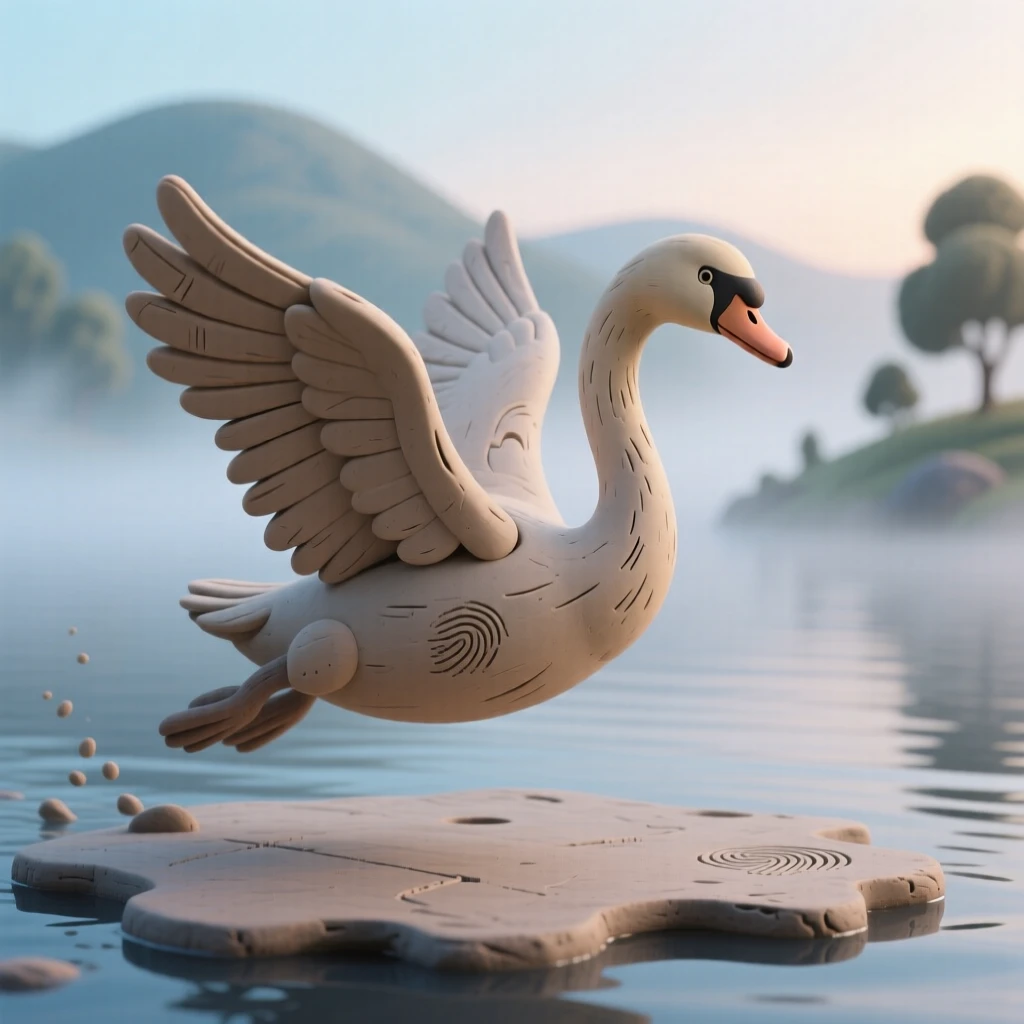 A wild swan taking flight across a misty lake at dawn