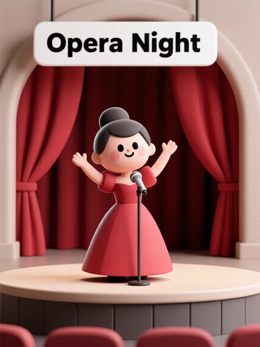 A proud opera singer stands center stage, arms raised as her powerful voice fills a grand velvet-curtained theater.