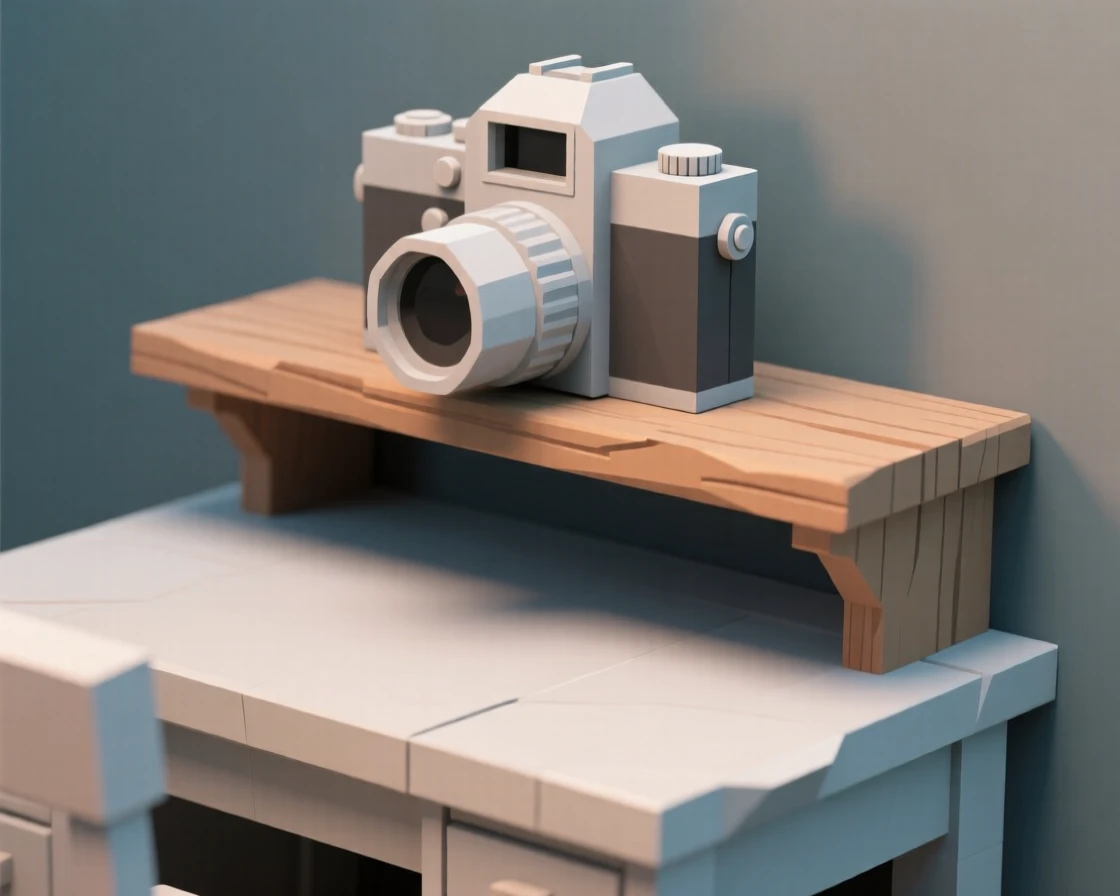 An antique camera resting on a wooden shelf, on an antique writing desk. fine textures and material details are clearly visible. A sense of quiet history fills the objects.