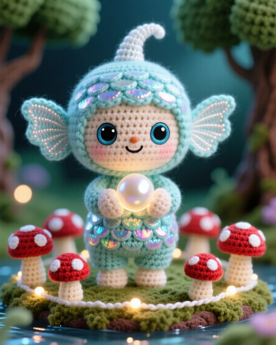 A charming portrait of a small water sprite, with fins for ears and shimmering scales, cupping a glowing pearl in both hands beside a ring of softly glowing toadstools in a moonlit clearing surrounded by ancient trees, conveying playful whimsy and lighthearted charm.