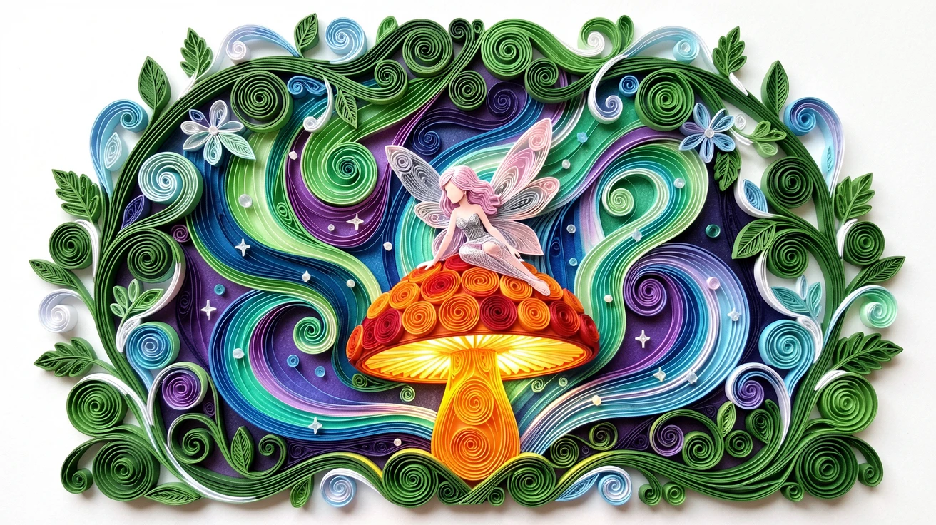 A magical fantasy scene of a tiny fairy resting on a glowing mushroom beneath a sky swirling with the northern lights, with tiny sparkling motes of light drifting through the air, framed by an arch of twisting glowing vines.