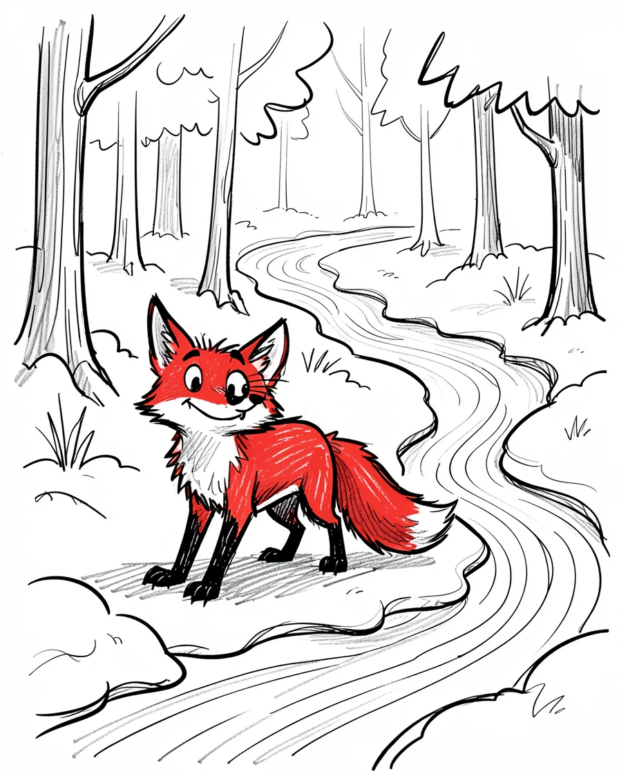 A red fox in a snowy forest along a winding river.