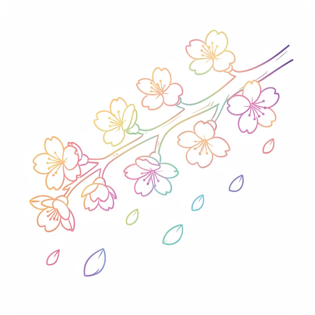 A cherry blossom branch extending across the frame with petals falling gently.