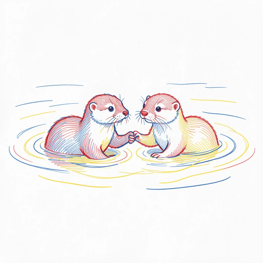 A pair of otters holding hands while floating together on a calm river