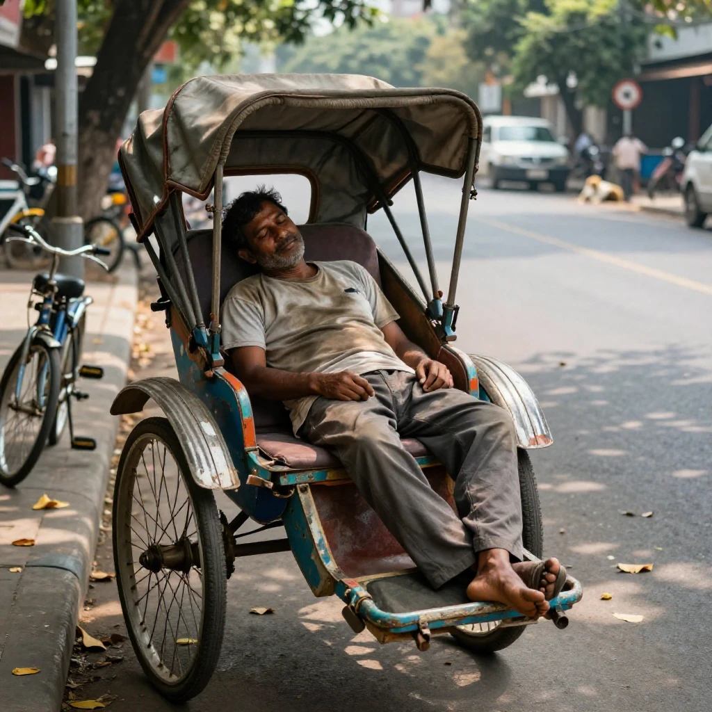 A rickshaw driver naps in the shade of his cart during a slow afternoon.