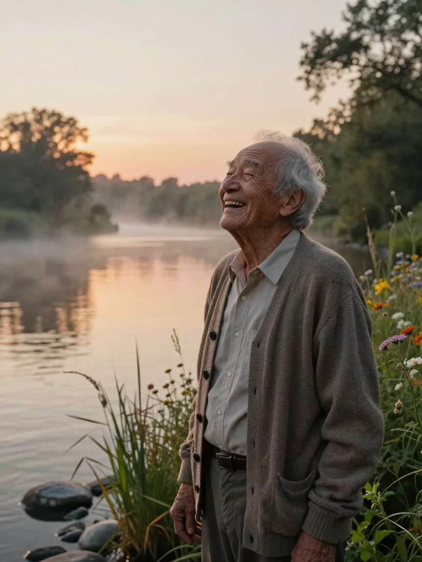 An elderly poet laughing warmly with closed eyes along a quiet riverbank at sunrise, a gentle smile crossing their face