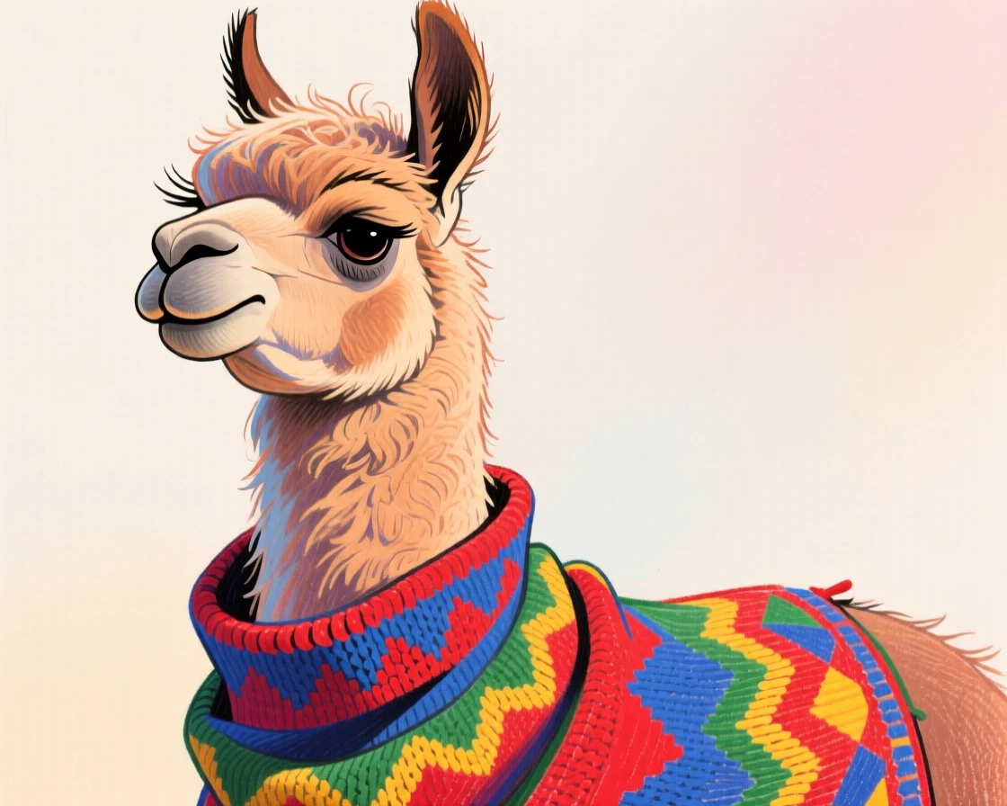 A dignified llama wearing a knitted poncho, standing with an unimpressed expression.