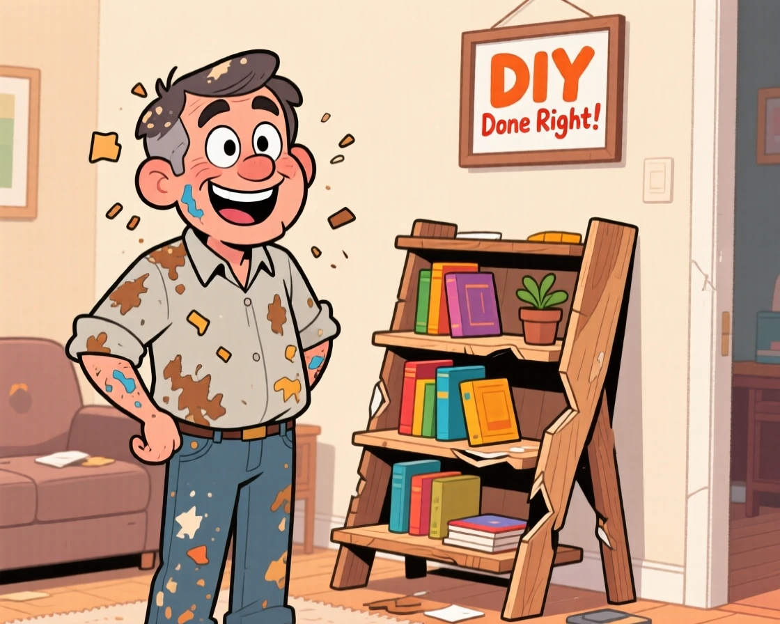 An everyday-life snapshot of a home DIY enthusiast covered in sawdust, proudly standing beside a crooked but finished bookshelf.
