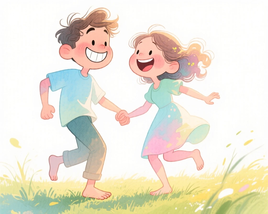 A couple on a countryside getaway dancing barefoot in a sunlit meadow