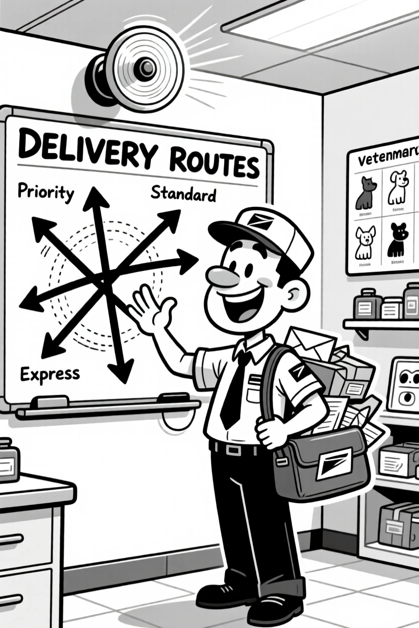 A friendly mail carrier with an overstuffed satchel, gesturing enthusiastically at a diagram full of arrows, set in a bright veterinary clinic. A siren light spins in the background. It feels like a warm nod to the people who keep the world running.
