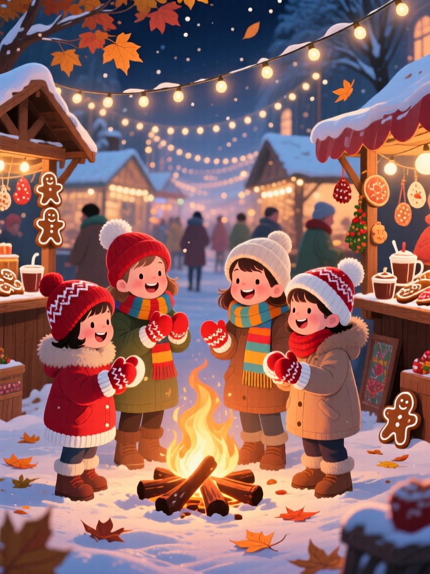 Children in matching mittens spend the evening gathering around a bonfire on a crisp autumn evening in a sparkling winter market, with twinkling lights strung overhead.