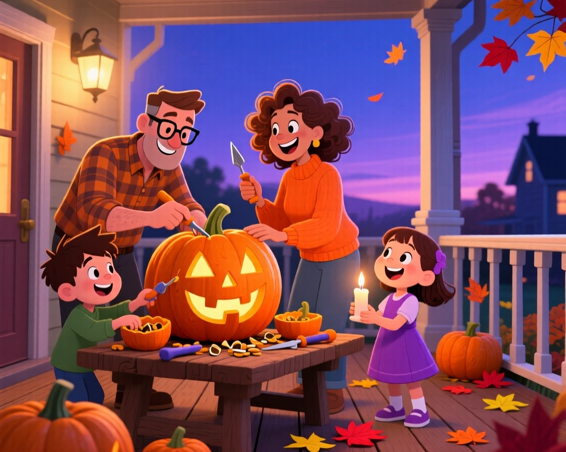 A family carving a jack-o-lantern on the porch at dusk.