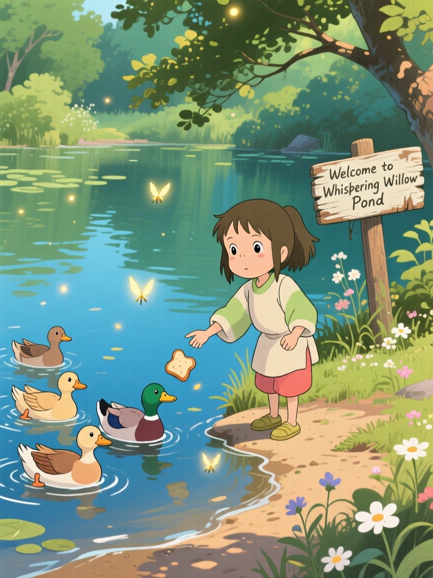 A child feeding ducks at the edge of a pond, the moment bursting with curiosity.