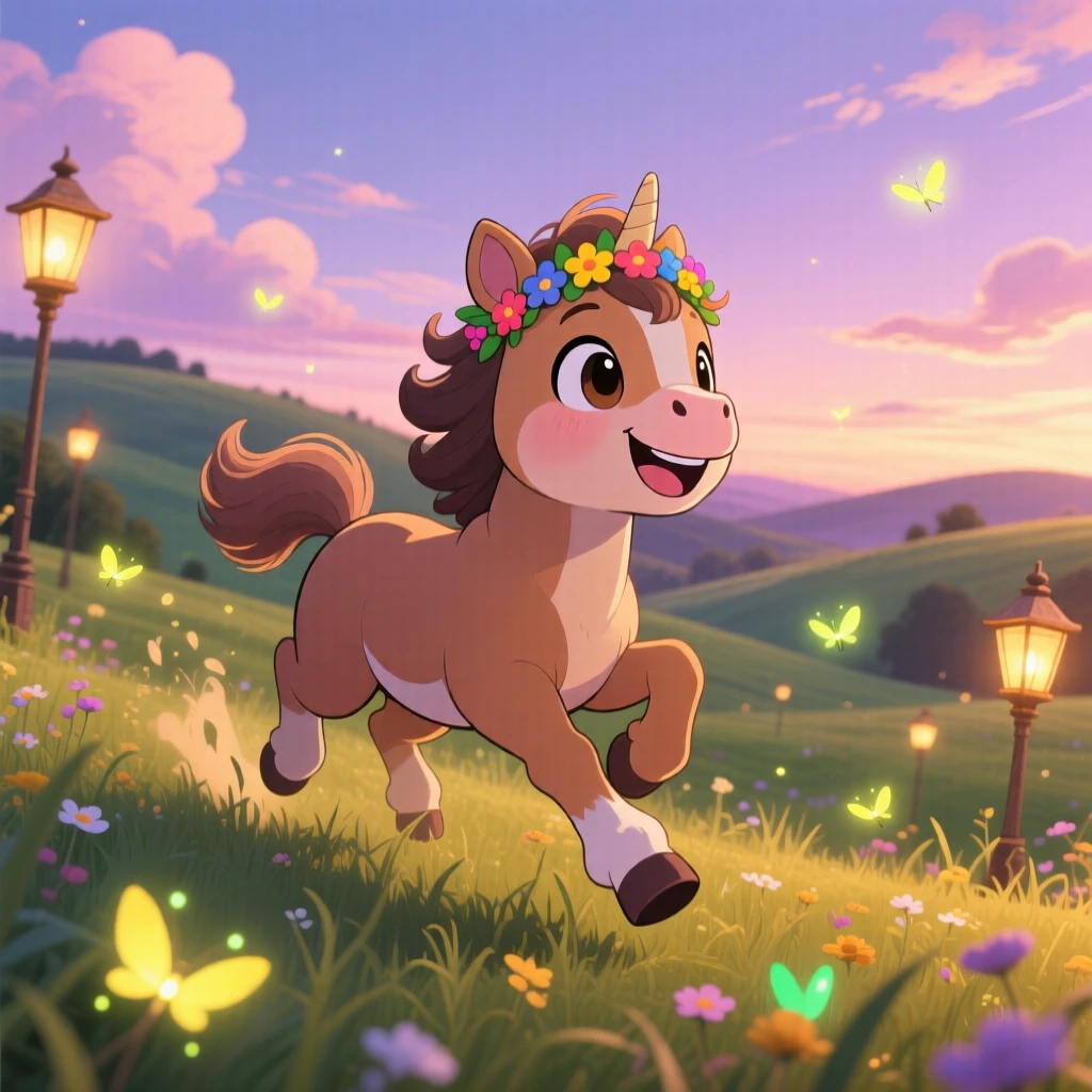 In a rolling countryside, a centaur foal is galloping through a sunlit meadow as fireflies begin to glow at dusk, bathed in warm lamplight, expression full of playful mischief. Shot as a low-angle shot looking up.