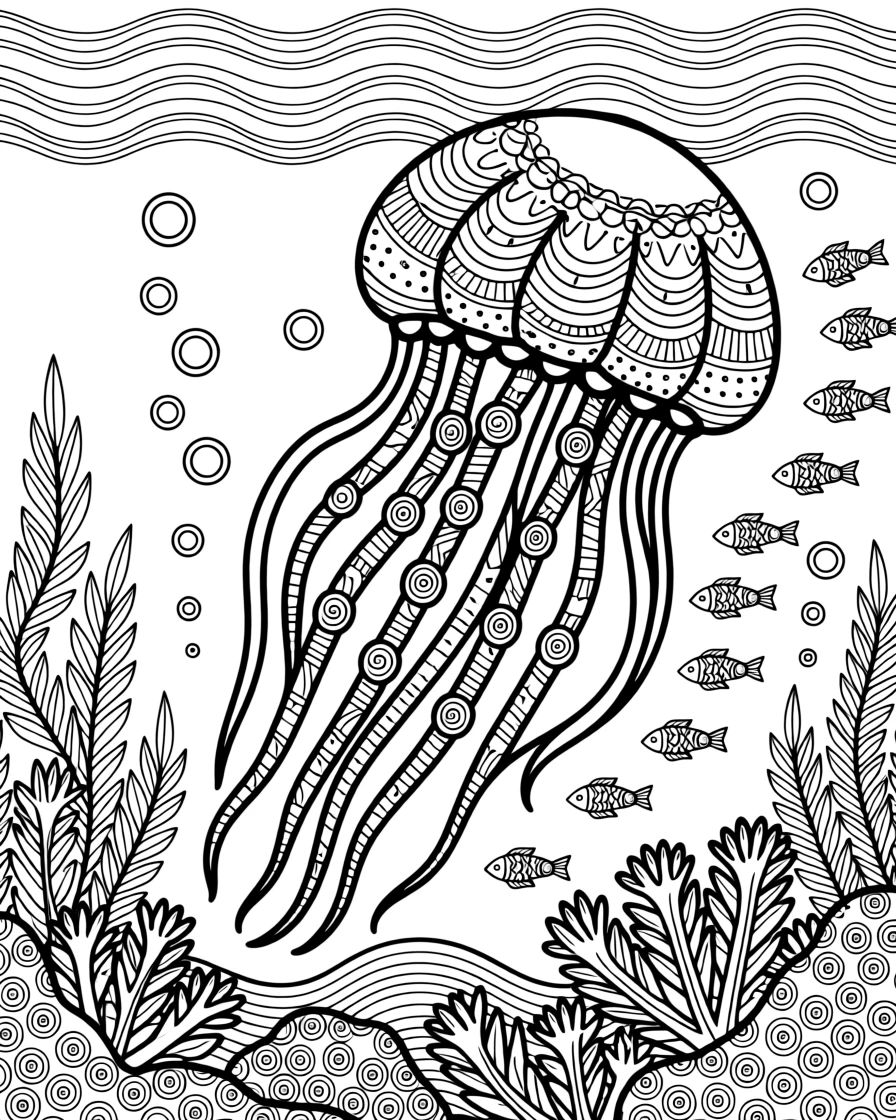 A jellyfish drifting through deep blue water, tentacles trailing.