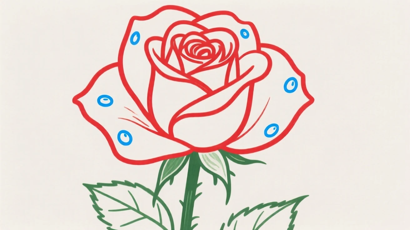 A single red rose with dew drops on its petals.