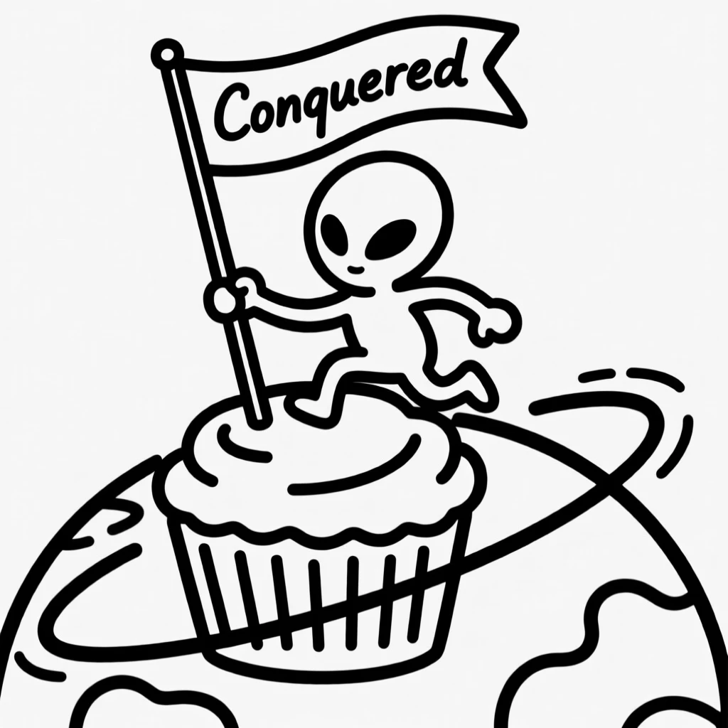 A small round alien character planting a flag on a cupcake-shaped planet.