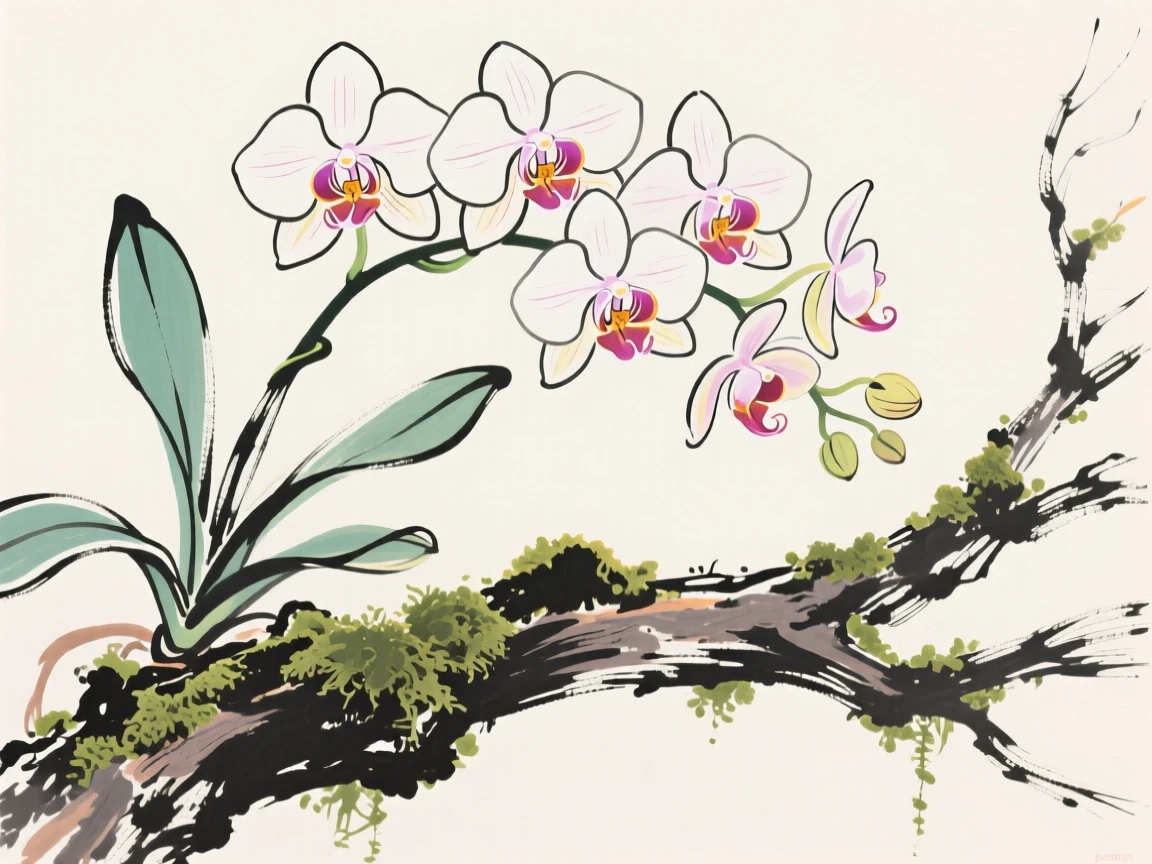 A cluster of orchids blooming on a moss-covered tree branch.