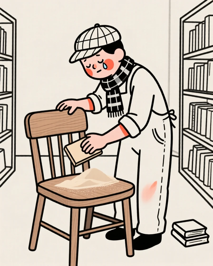 A carpenter of scottish heritage sanding a wooden chair, holding back happy tears, in a quiet library.