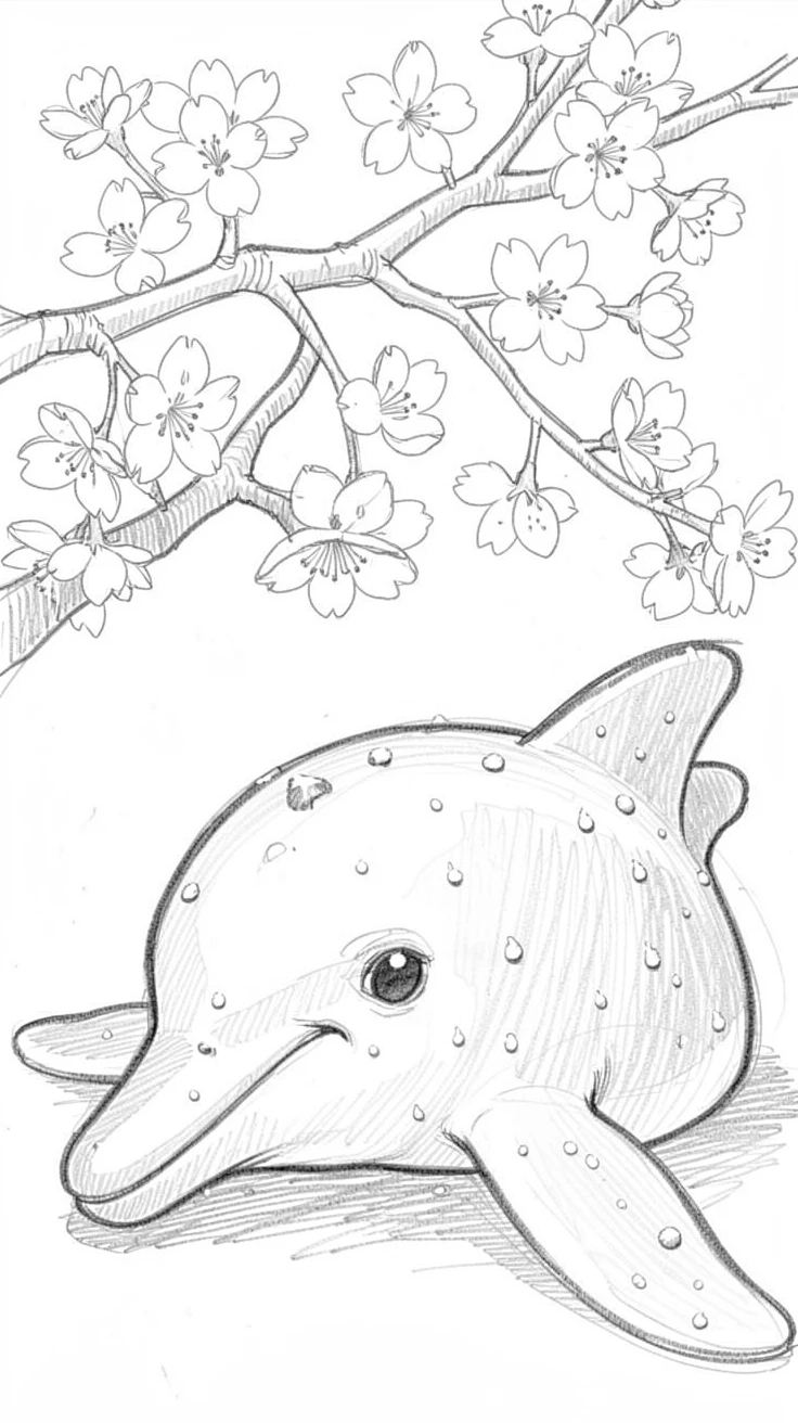 An adorable close-up of a playful bottlenose dolphin resting beneath a blooming cherry tree, with dew drops sparkling on its fur.