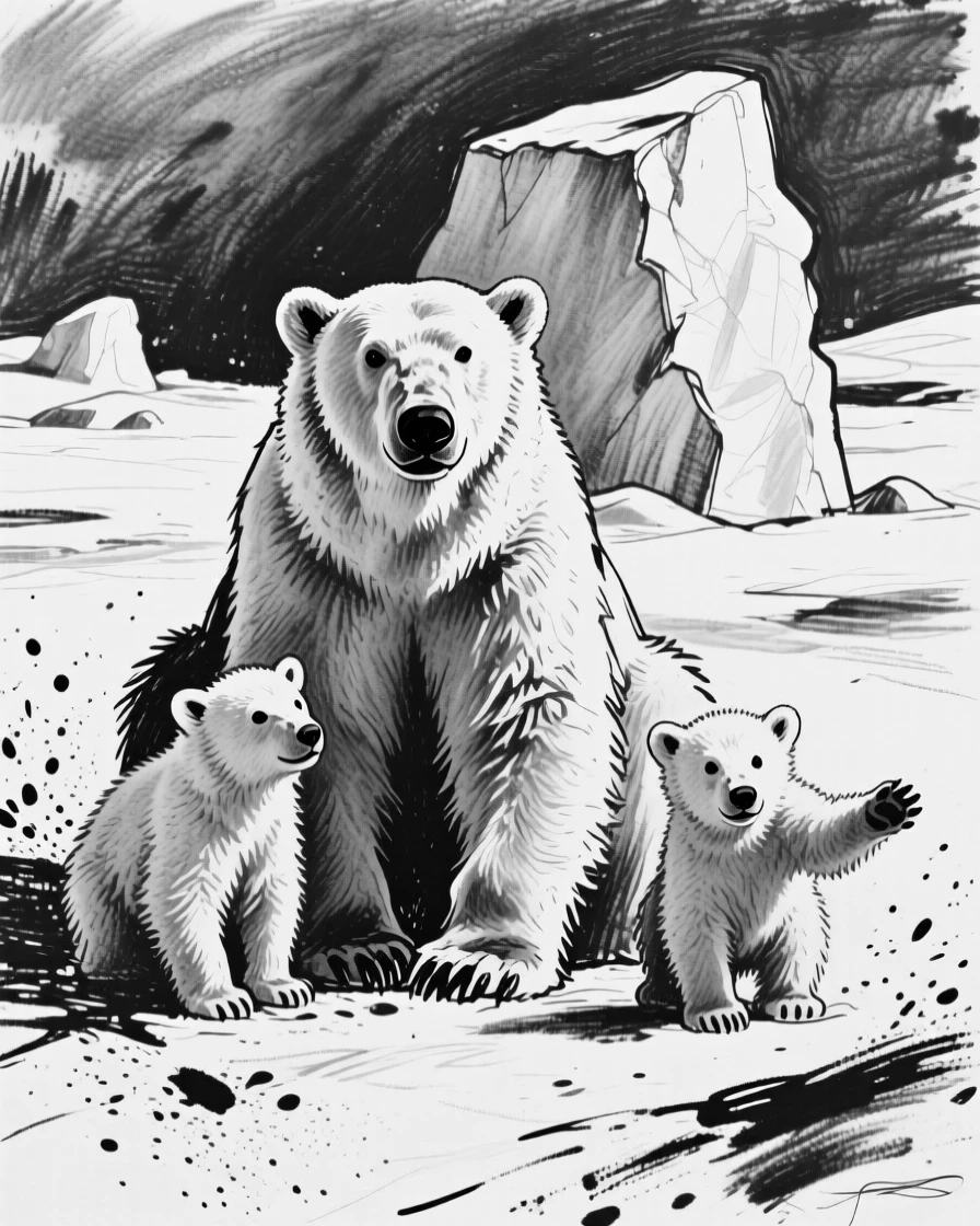 A polar bear and her cubs gathered together as a family in their natural habitat.