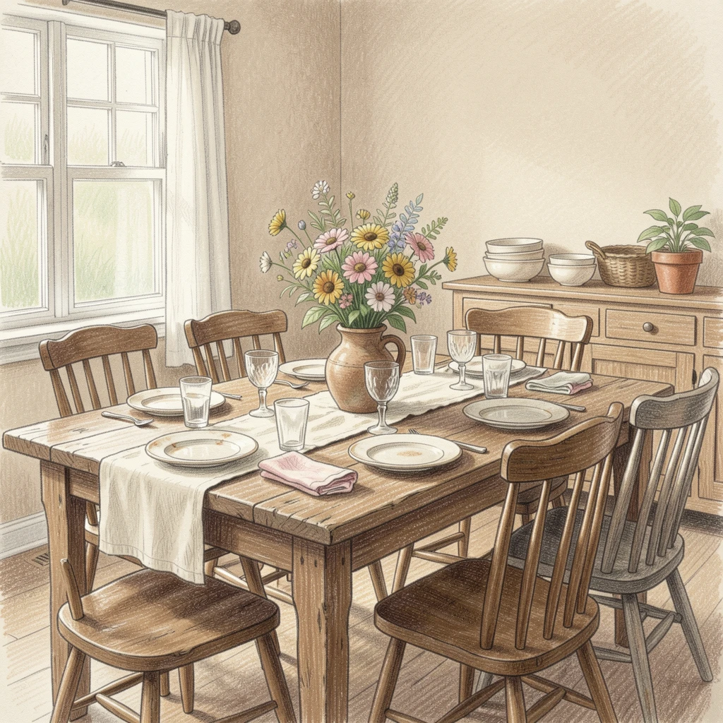 A farmhouse dining room set for a warm family gathering, with soft shadows and a gentle, lived-in charm, perfect for anyone who loves cottagecore charm.